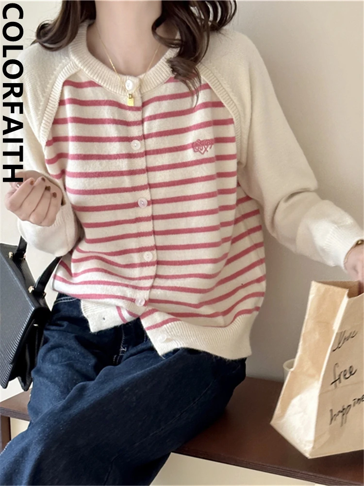 

Colorfaith SWC5512JX New 2023 Striped Wild Buttons Korean Fashion Knitting Cardigans Women Autumn Winter Elegant Lady Short Tops