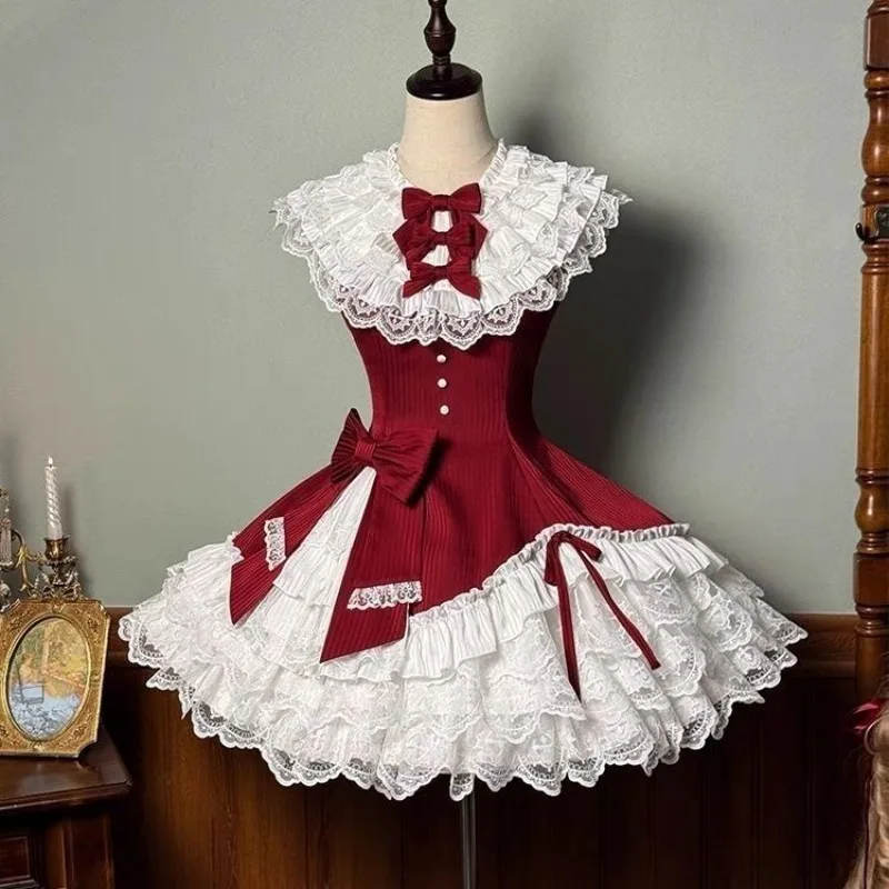 

Новое элегантное платье в стиле милой Лолиты без рукавов, короткое, повседневное, в стиле благородной принцессы, с милыми оборками и кружевом, цельное