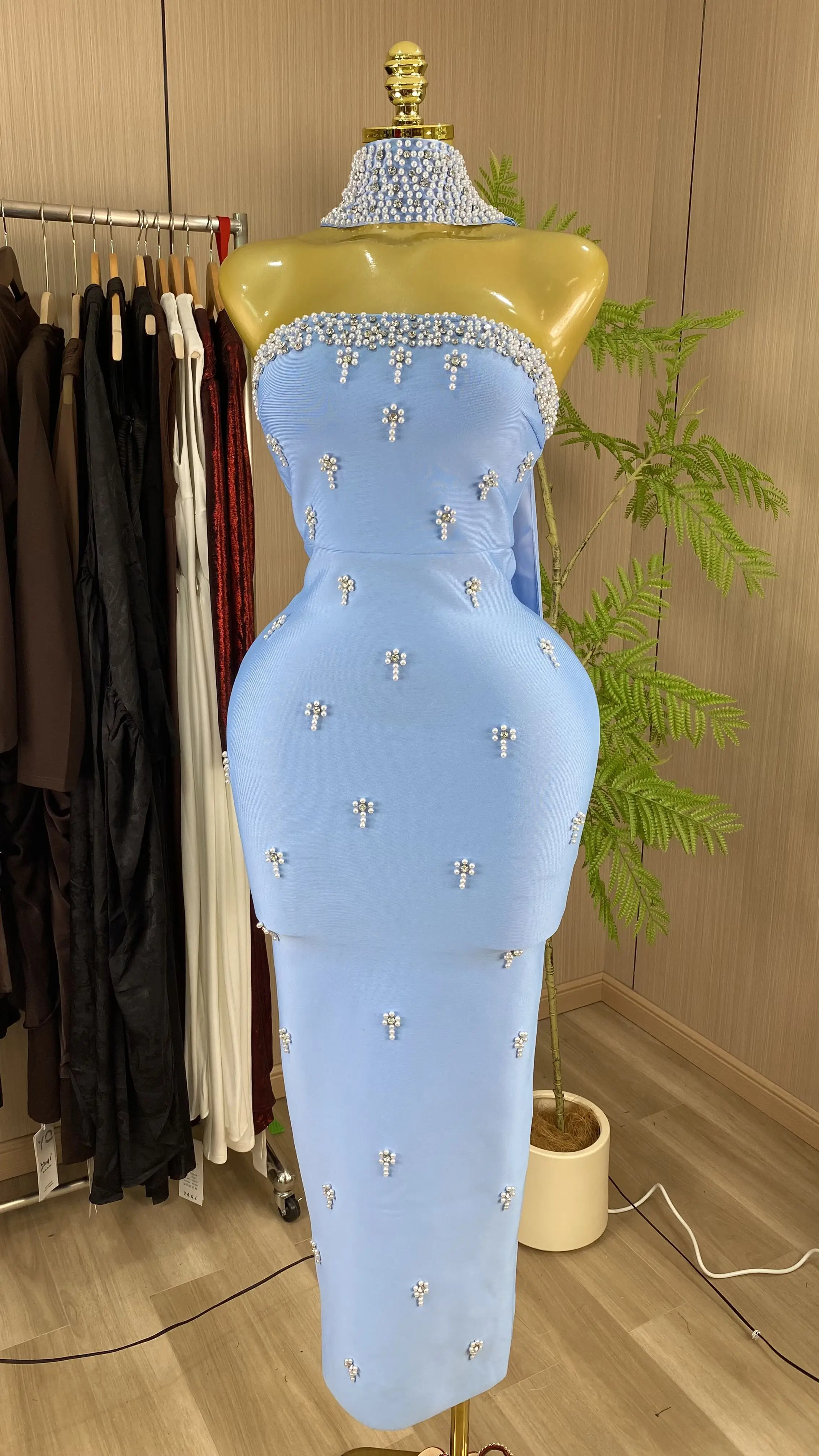 Luxury Rhinestone Scarf Neckline Strapless Dress Slim Fit Midi Dress Women's Formal Party Evening Gown-GZXX821