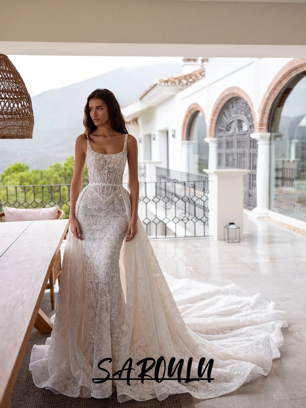 Glitter Floral Lace Wedding Dress, Sheer Corset Mermaid Bridal Gown, Detachable Train, Customized Exquisite Stunning Bride Wear