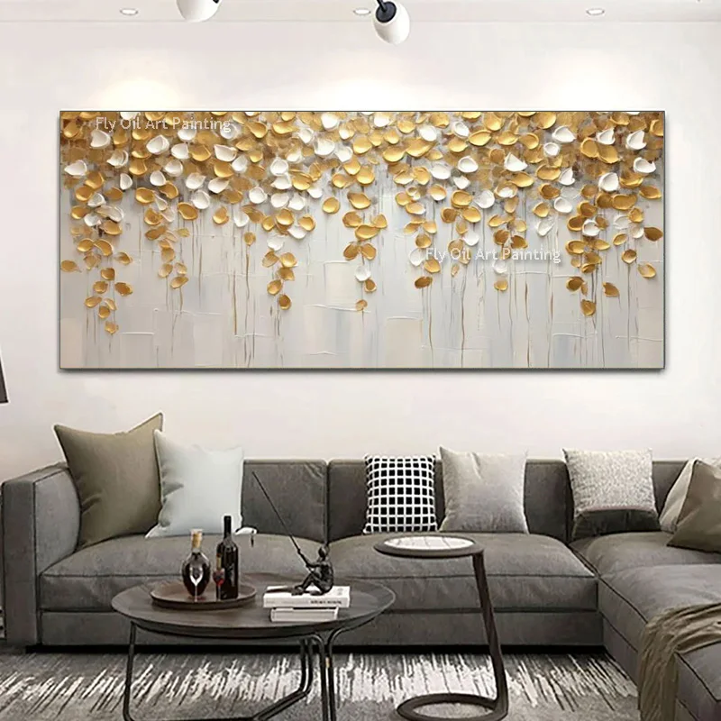 Handpainted Modern Points Artwork Golden White Abstract Knife Thick Oil Painting New Design Wall Art For Home Decor As Gifts