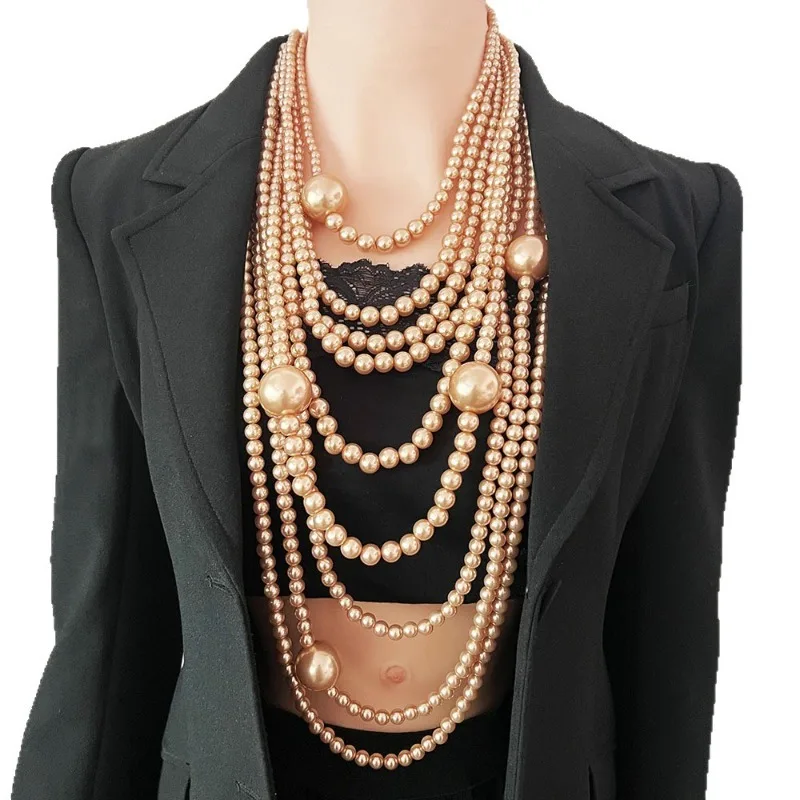 Übertriebene mehrschichtige Imitation Perle Halsband Halskette Frauen Luxus Lange Quaste Anhänger Pullover Kette Braut Mi Schmuck – Detail 3