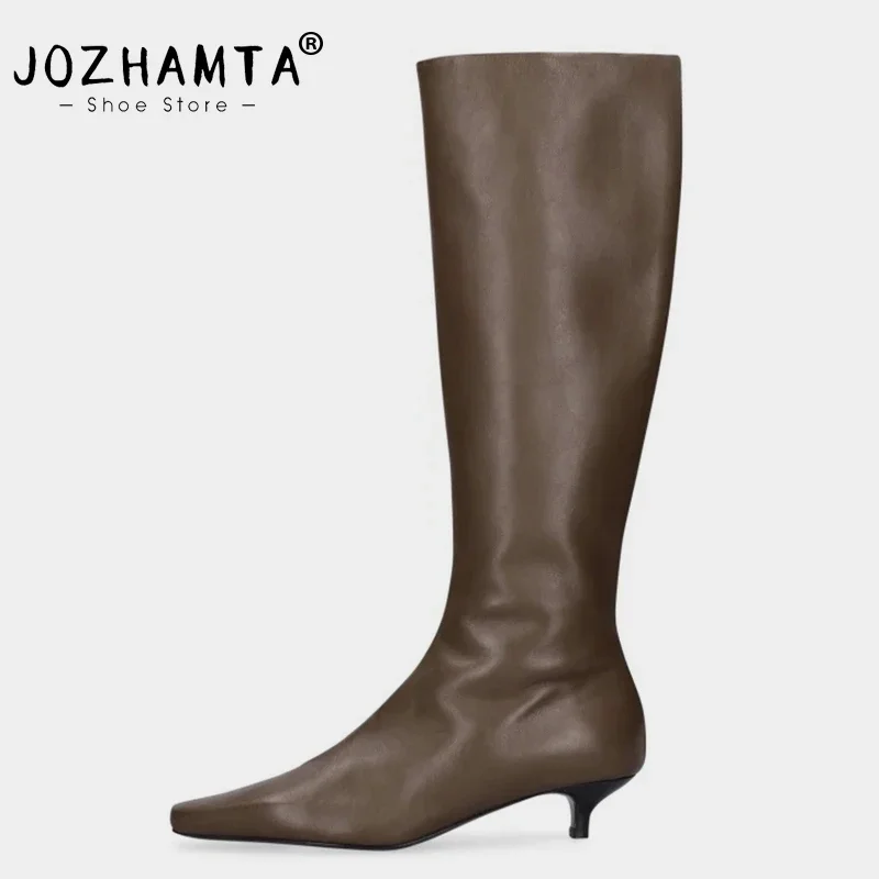 JOZHAMTA Size 32-43 Women Knee High Boots Real Leather Wide Calf Kitten Mid Heels Shoes Fall Winter 2025 Casual Zipper Long Boot