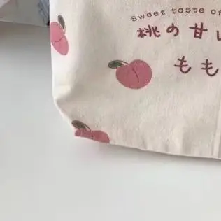

Japanese Peach Lunch Bag Small Canvas Tote For Women Korean Mini Food Bag Cotton Picnic Bento Handbag Student Travel Meal Purse
