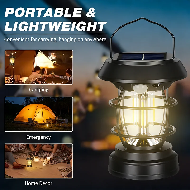 

Солнечный фонарь с датчиком движения, перезаряжаемый, с теплым светом, для палатки, водонепроницаемый, портативный, для кемпинга, с ручкой, для сада и газона