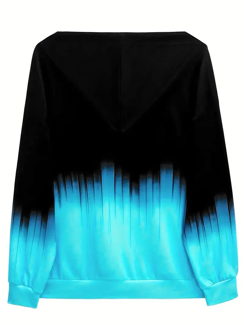 Women Plus Size Hooded Sweatshirt, Black Blue Gradient Zip-Up Hoodie, Long Sleeve Casual Loose Top for Fall,daily curvy outfits