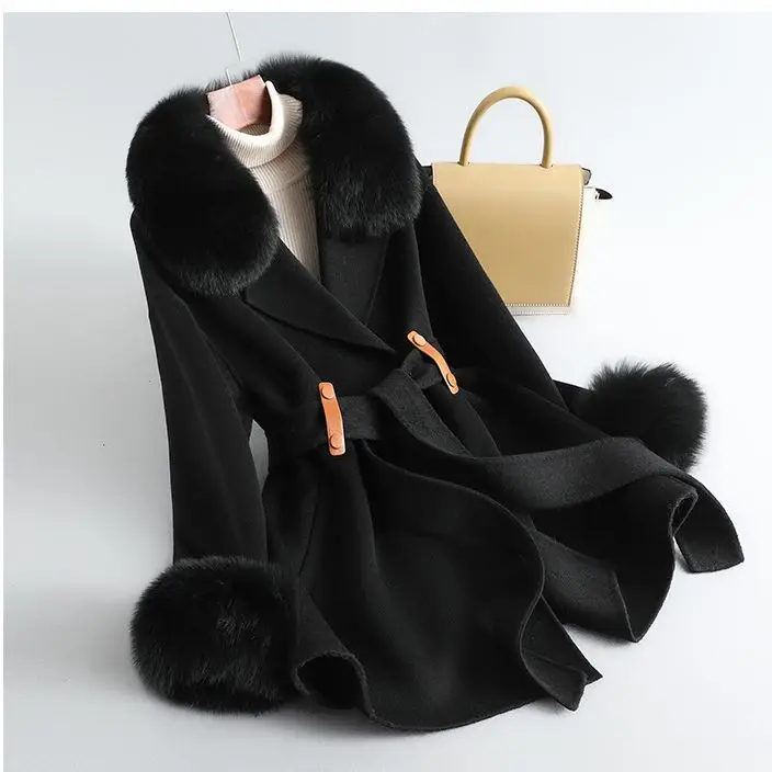 

2023 Autumn/Winter New Fox Hair Collar High Rui Double sided Cashmere Coat Women's Mid length Wool Double sided Woolen Coat