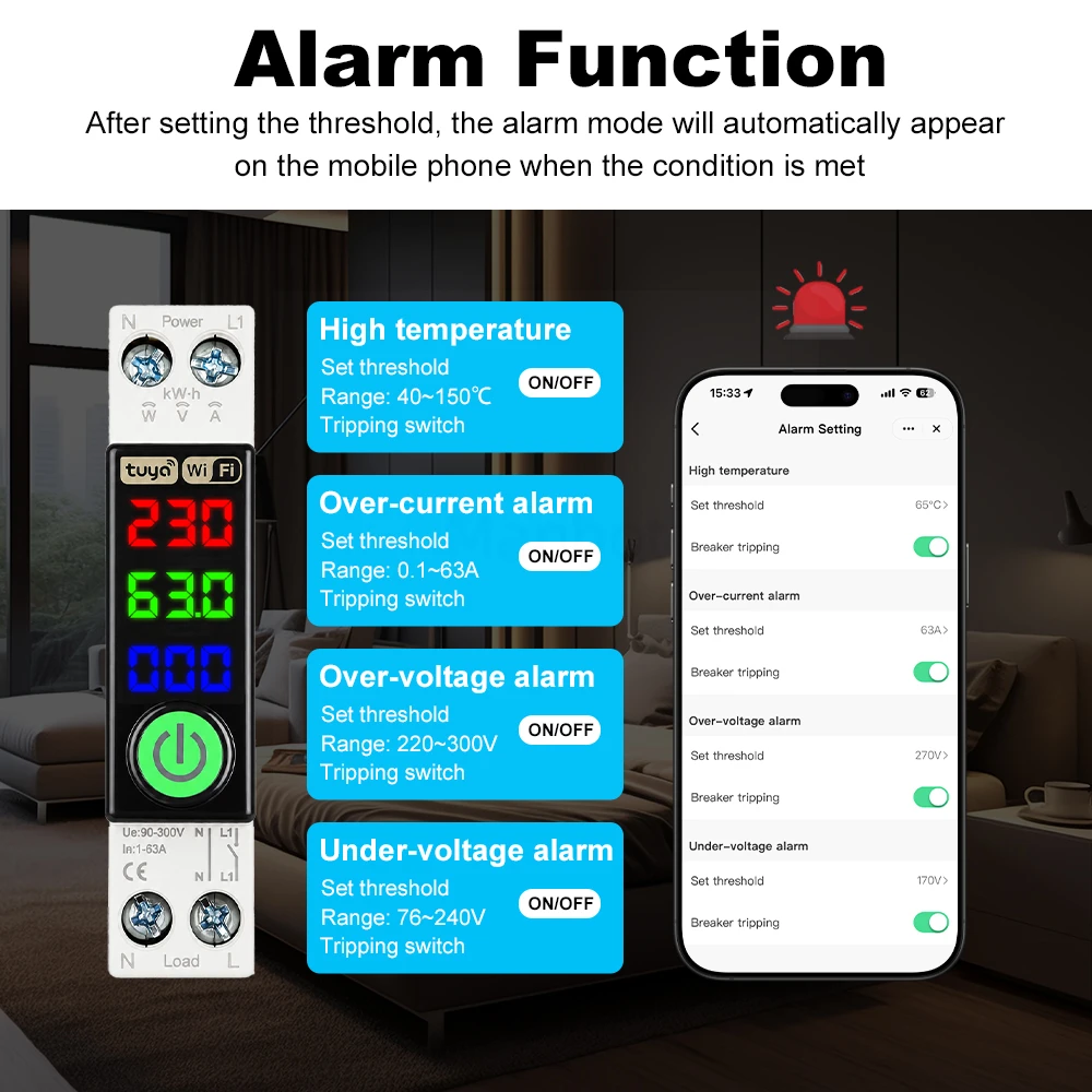 MANHOT WLAN-Smart-Leistungsschalter 1P+N 63A DIN-Schienen-Schalter mit LED-Messanzeige Smart Breaker Sprachsteuerung für Tuya Alexa – Detail 3