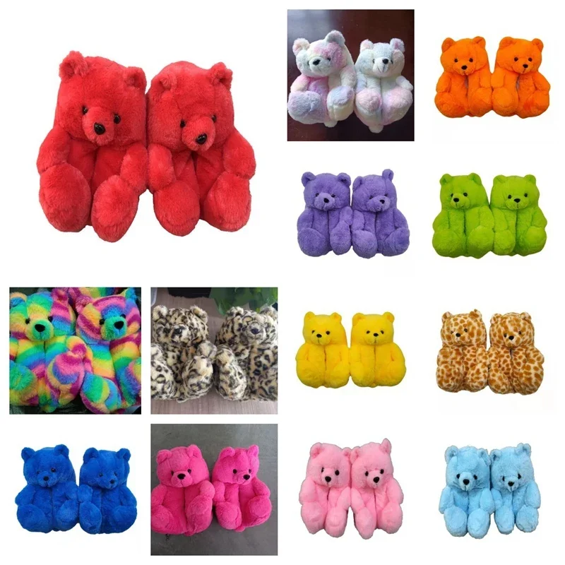 Cute Teddy Bear Plush Winter Slippers Wrapped in Heels Fun Indoor Floor Shoes Women's Gift Warm and Soft Cartoon Plush Animal Sl