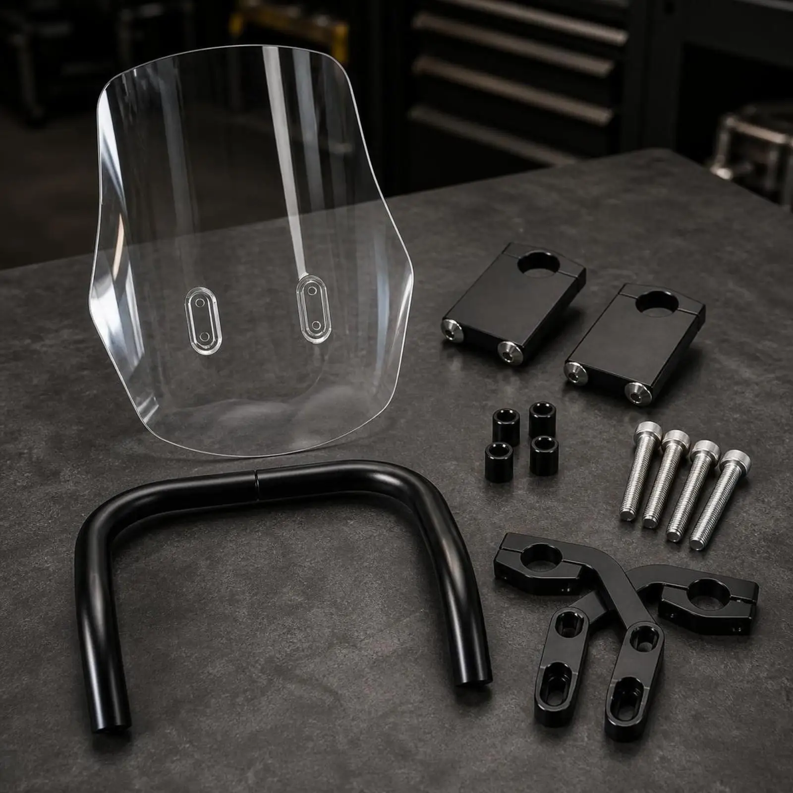 Motorcycle Windshield with Mounting Frame for Round Tubing Handlebars Clear PC Panel Black Metal Support Wind Deflector