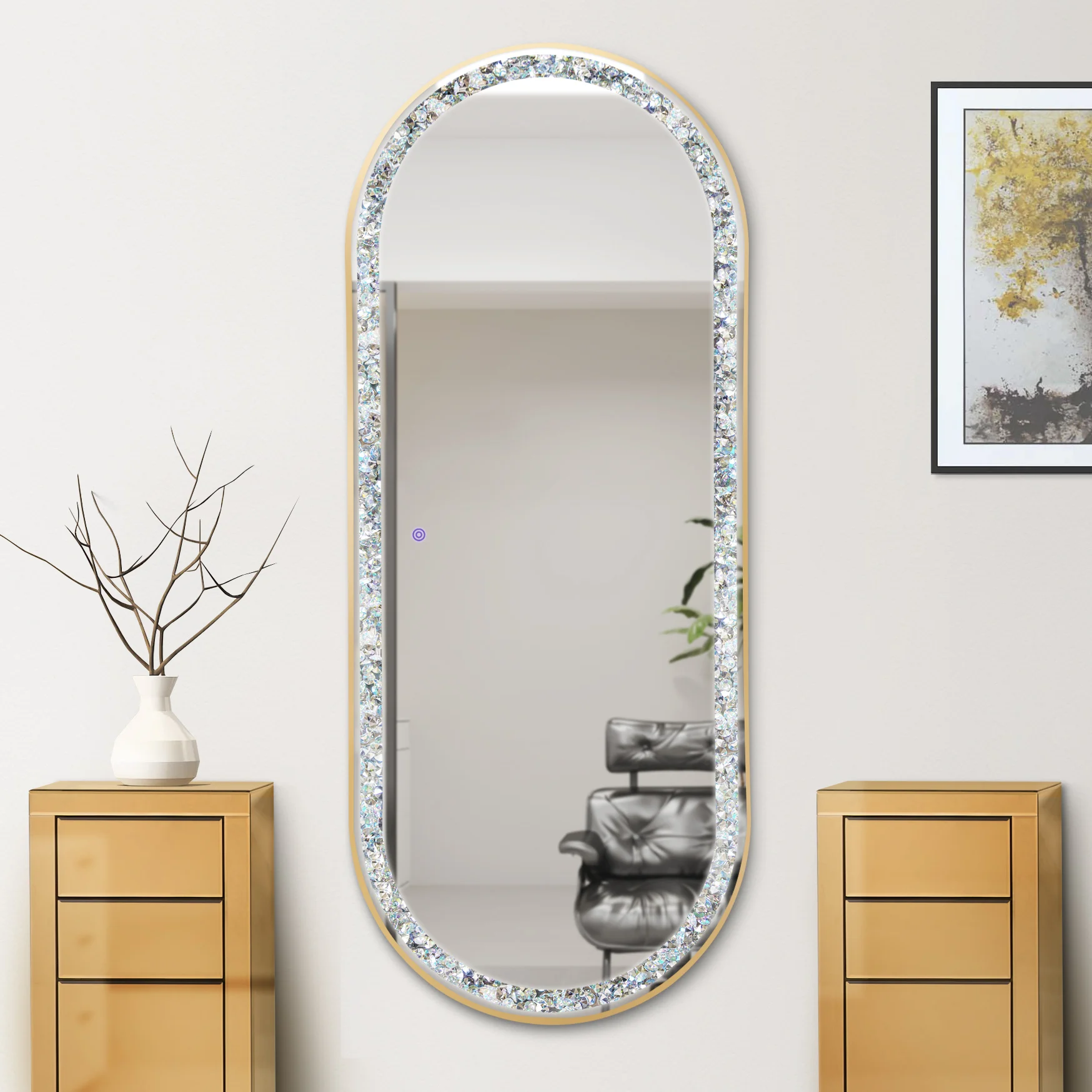 25 New diamond-encrusted hairdresser mirror with lamp haircut mirror for hair salon, single-sided wall-mounted floor-to-ceiling