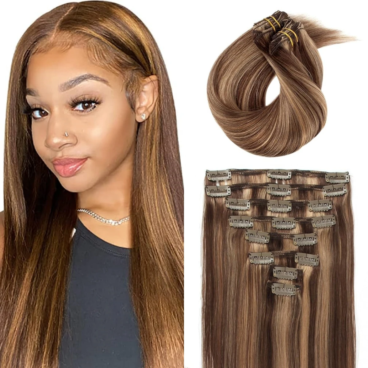 Clip In Hair Extensions 100% Remy Hair Straight Full Head Human Hair Clips #4 Chocolate Brown Color 120G/Set #4/27 Highlight