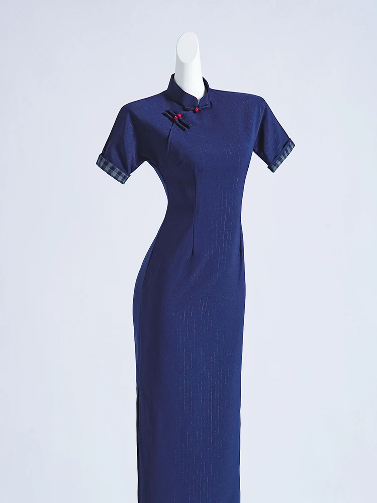 

Синее винтажное ципао в стиле Республики Китай, улучшенная модель, высококачественное, летнее, новинка, длинное, элегантное