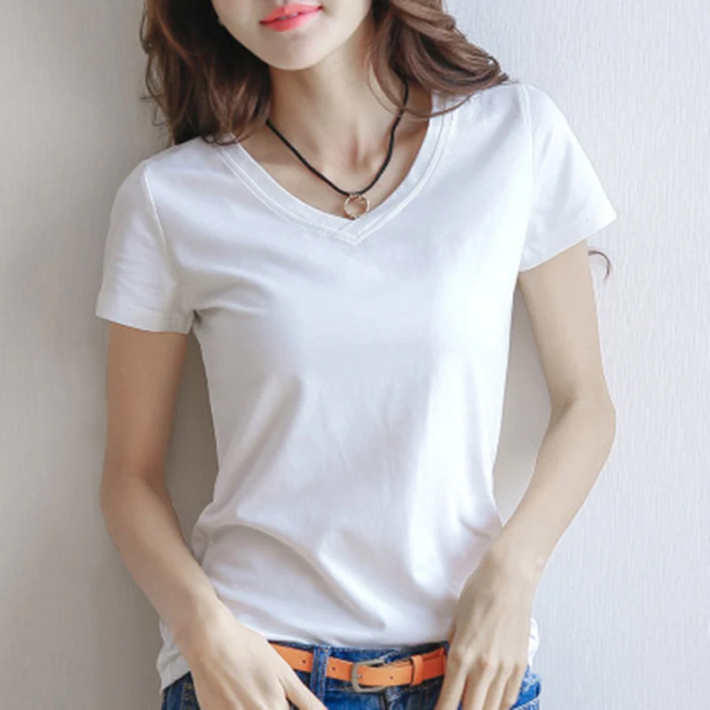 Spring Summer Women Cotton T-shirt Black V-Neck Short Sleeve Female Tee Slim White T-Shirt Casual Solid Lady Tshirt Tops