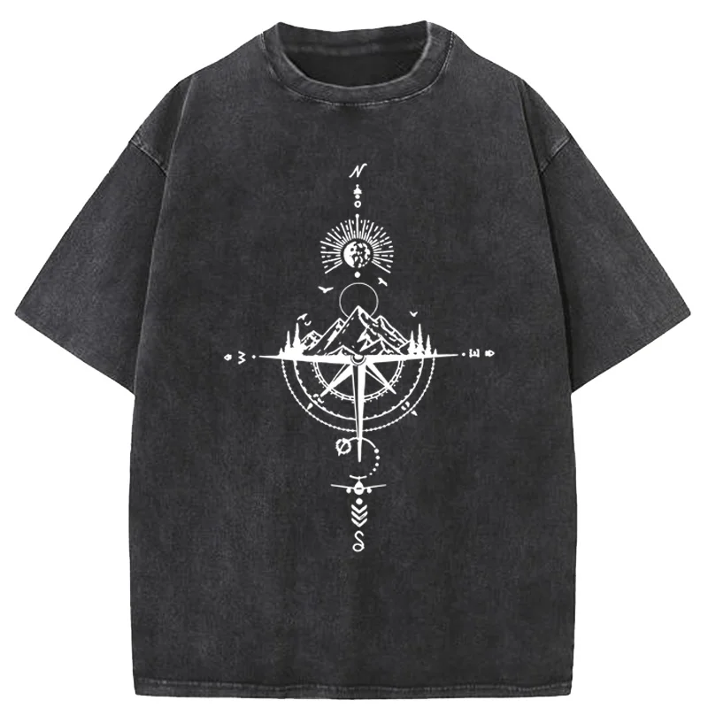 retro compass Summer men's 100% pure cotton casual sports loose oversized printed comfortable round neck short sleeved T-shirt