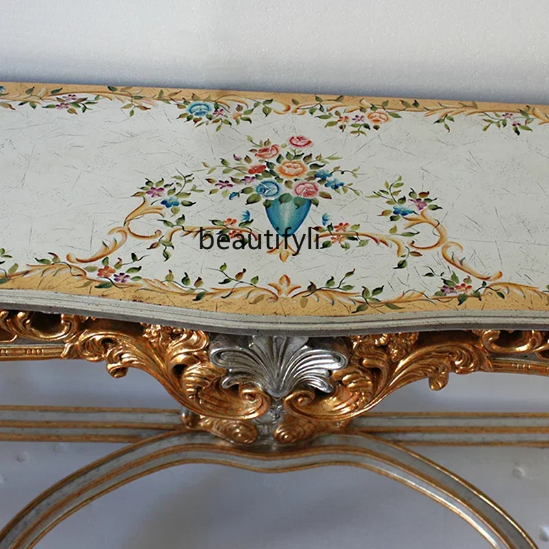 YH03   European retro entrance table, luxury painted carved entrance table, living room art decoration table