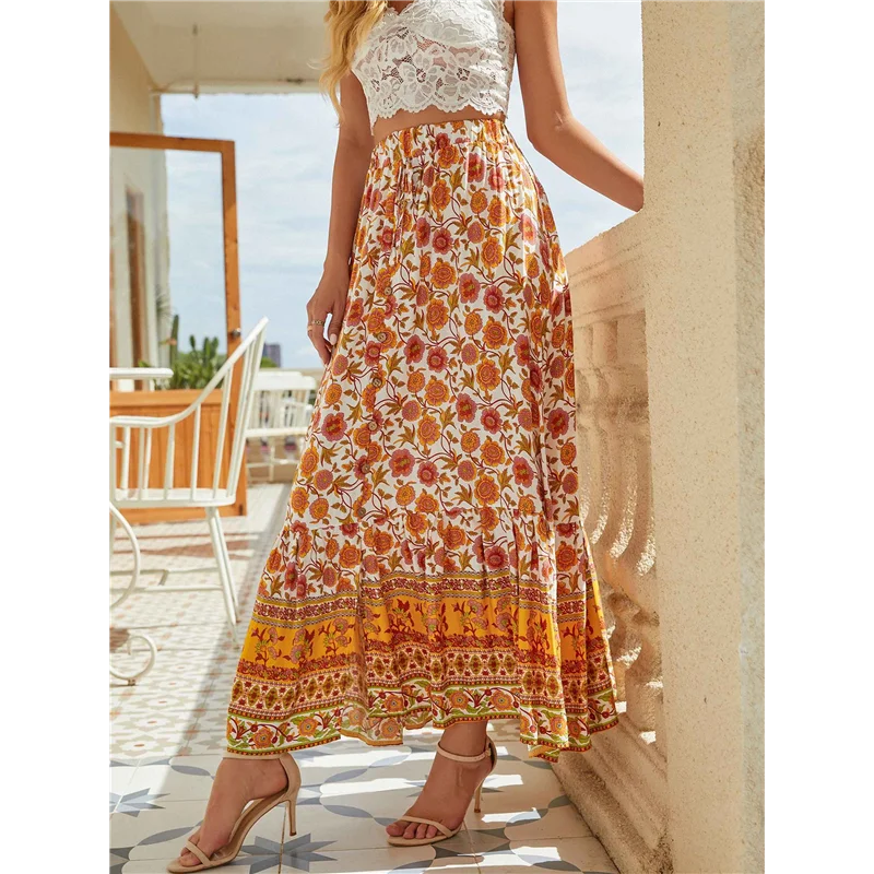 

CGS-Maxi Skirts For Women 2025 Summer Boho Long Flowy Floral Elastic High Waist Front Slit Skirt Casual Travel Skirt