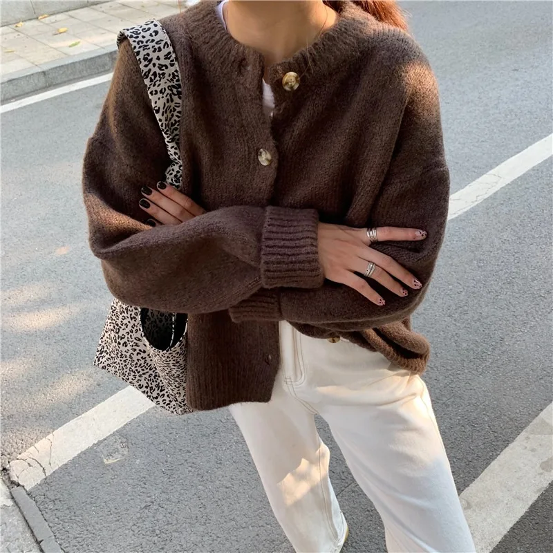 Casual Single Breasted Cardigan Women Loose Long Sleeve O-neck Oversize Sweaters 2024 Spring Office Female All-match Top