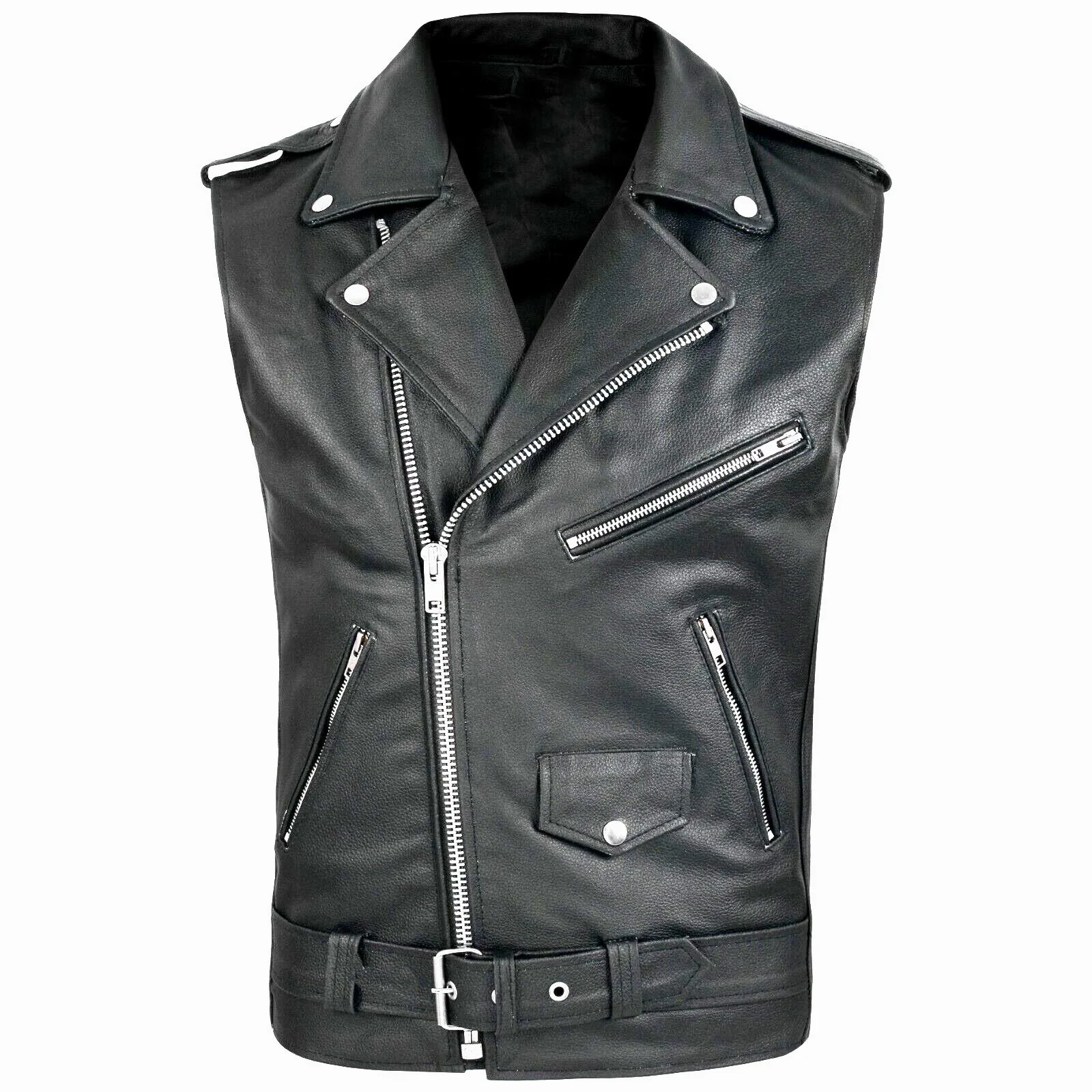 High-Quality Men's PU Leather Vest, Popular Motorcycle Zipper hip-hop Leather Jacket, Punk Rock Outdoor Multi Pocket Vest