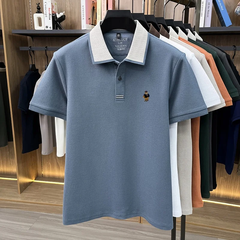 Luxuriöses 100% Baumwoll-Kurzarm-Poloshirt für Herren, neuer Trend, Marken-Cartoon-Bären-Stickerei, atmungsaktives, bequemes, lässiges Sommer-T-Shirt – Detail 7