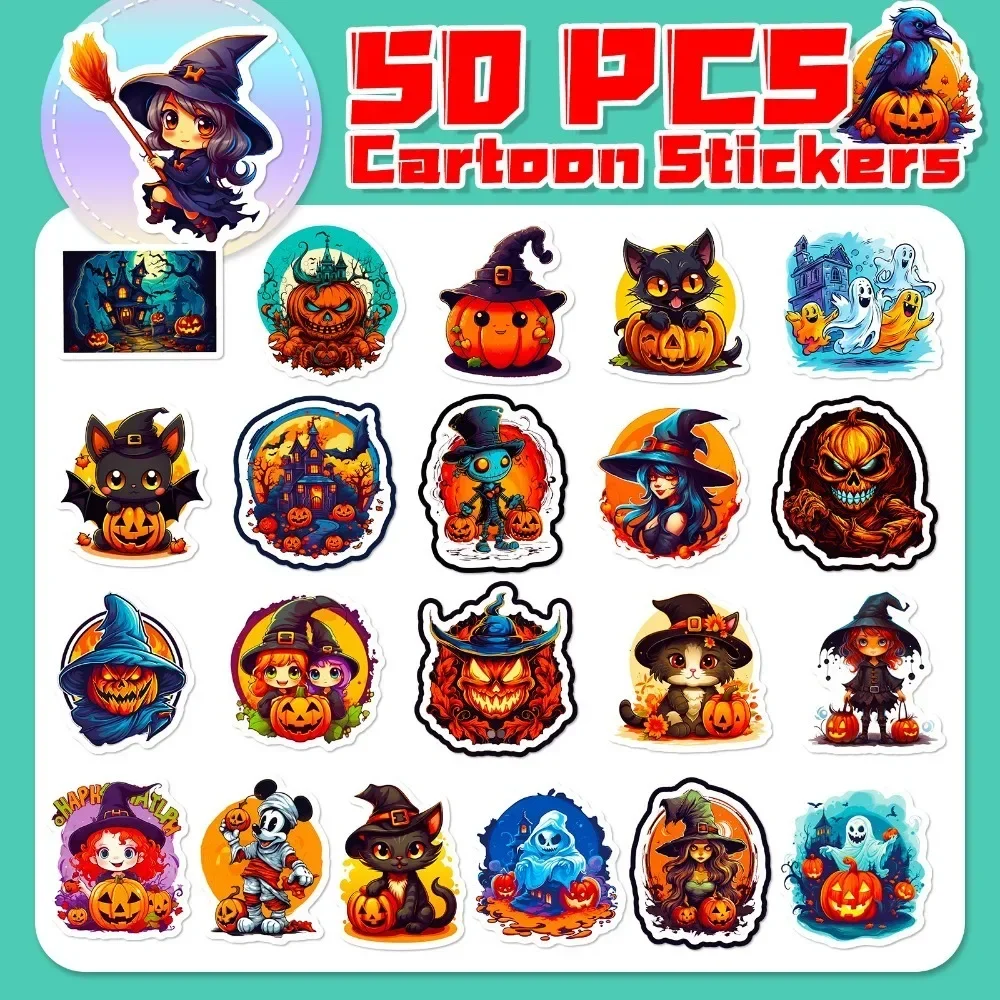 50PCS Scary Halloween Pumpkin Witch Stickers DIY Laptop Phone Skateboard Motorcycle Car Waterproof Stickers Classic Toy Gift