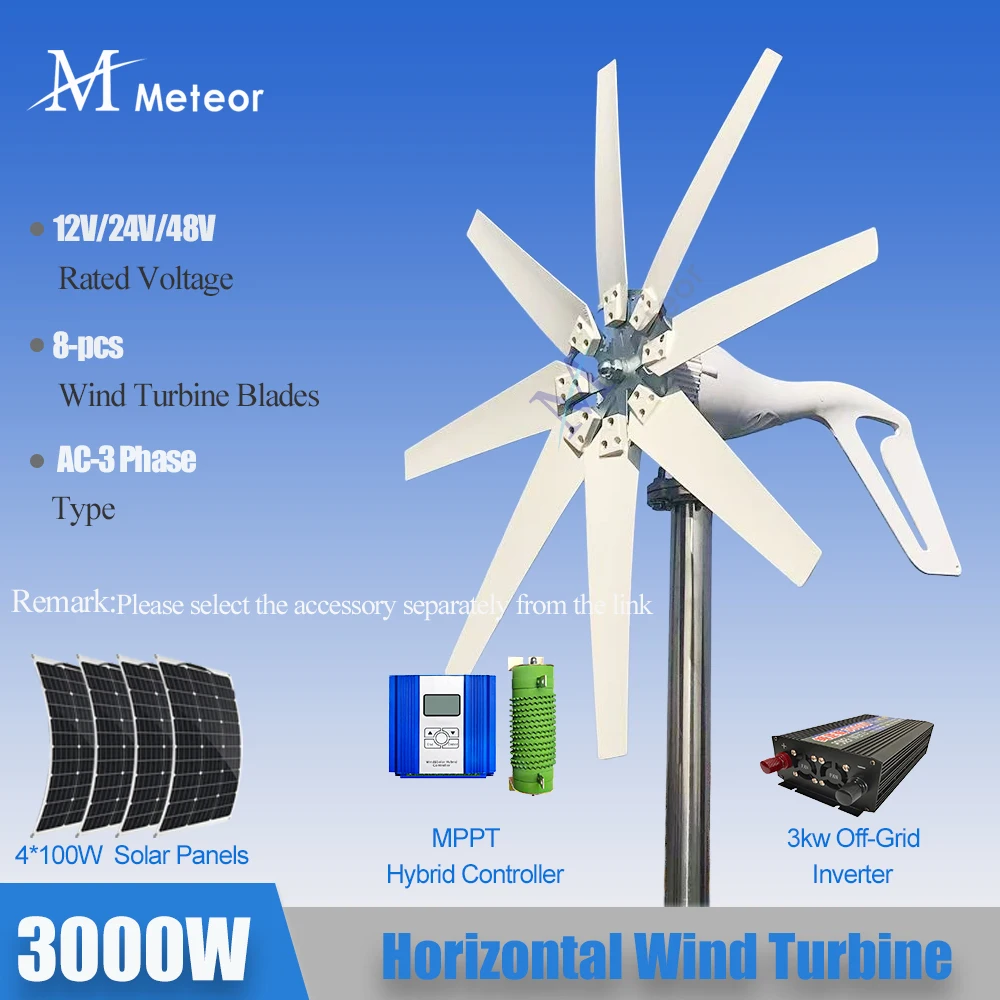 3000W 2000W Windmill Factory New Energy Horizontal Wind Turbine Generator 12V 24V 48V 8 Blades Windmill Free MPPT Controller