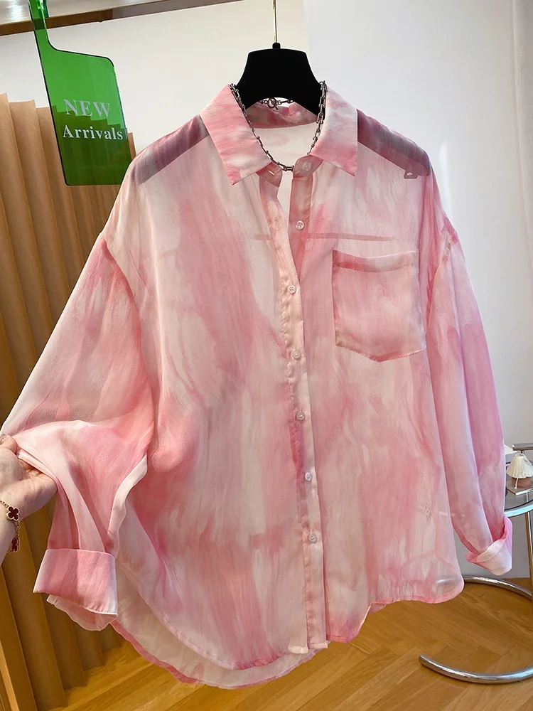 

Korean Sle Tie Dye Silk Long Sve Women's irt Summer Sun Protection Large Size Faionable Top Quali Fabric Casual Wear