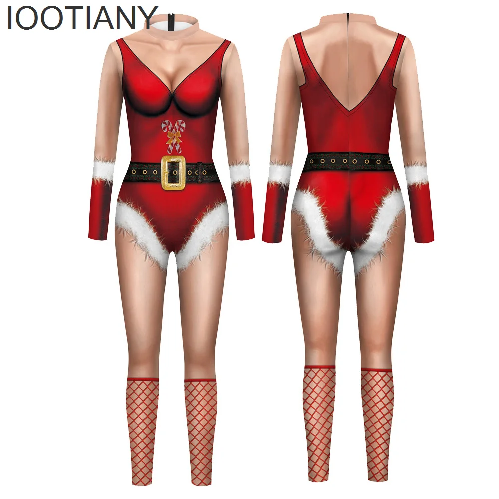 Iootiany Kerst Rode Kousen Print Cosplay Kostuum Sexy Jumpsuit Nieuwe Bodysuit Volwassen Carnaval Feest Kleding Monos Mujer Xmas