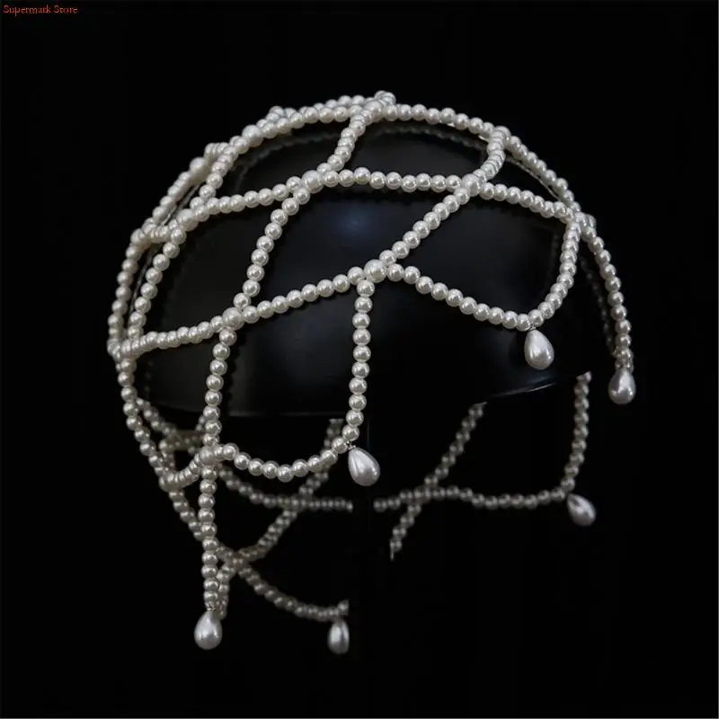 

Q5WE Handmade Pearls Hat Bridal Lolitas Headwear Wedding Ceremony Hair Accessory for Weddings and Romantics Event