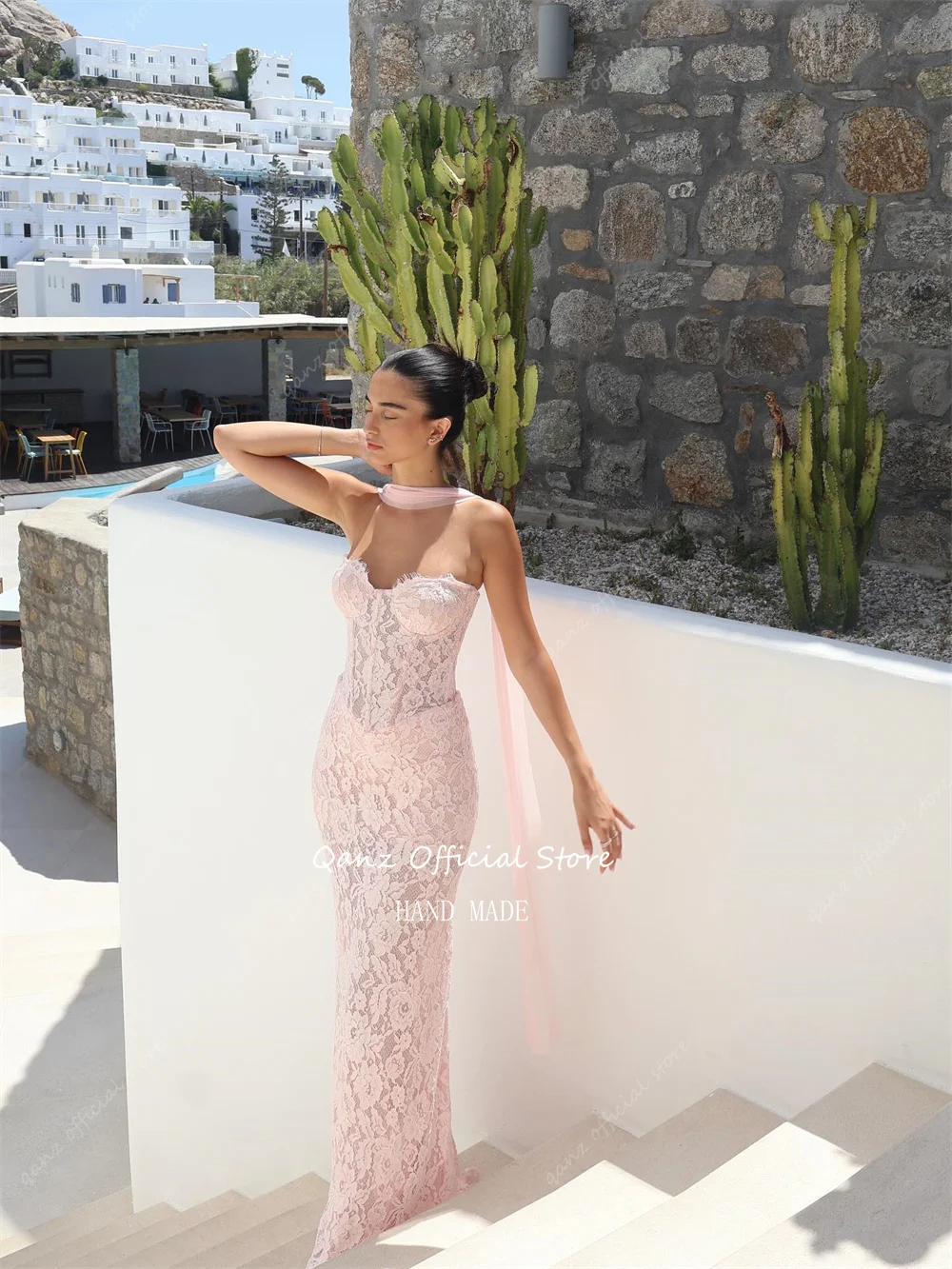Qanz-vestidos de graduación elegantes con Apliques de encaje, vestido de noche Formal rosa transparente, vestido de fiesta de sirena con escote en forma de corazón personalizado
