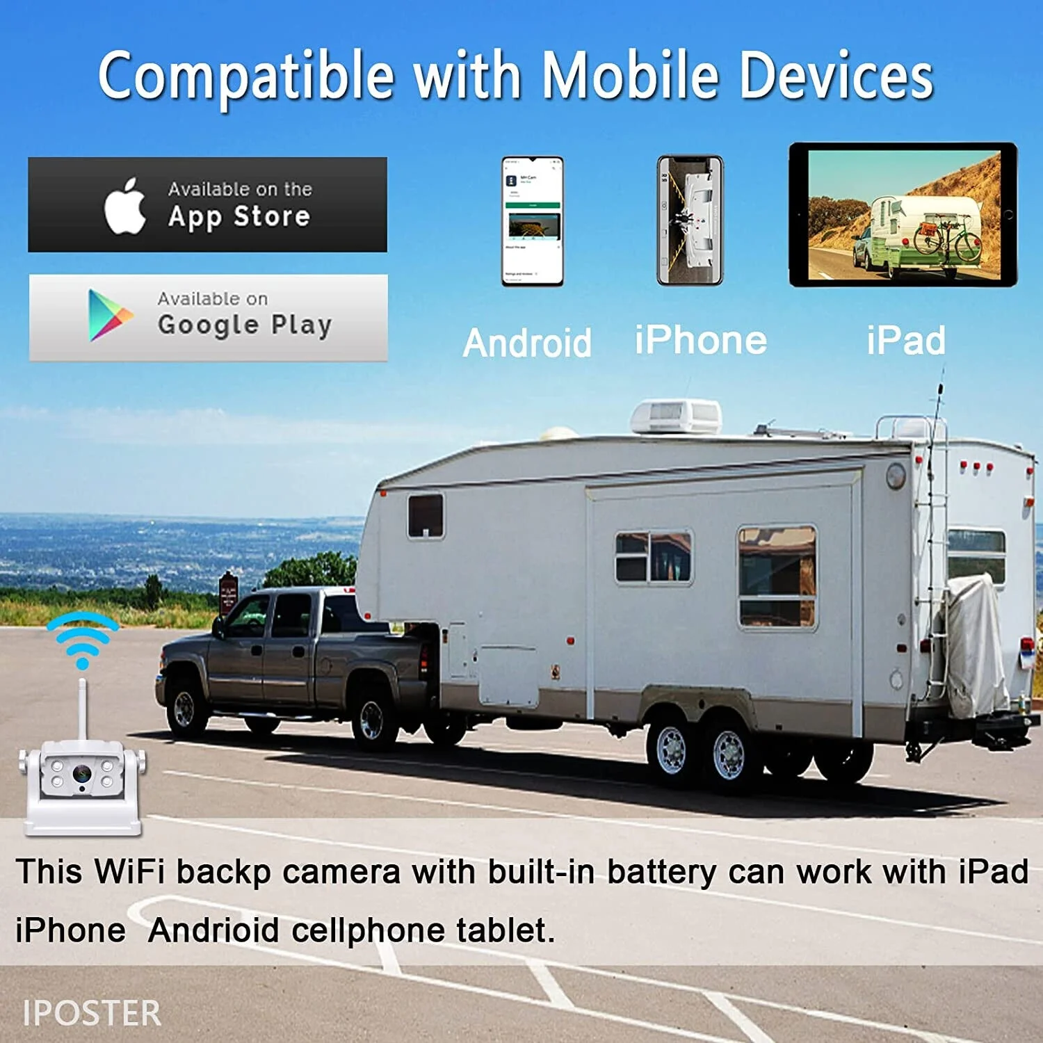 For IPoster New Popular Trailer Truck WiFi Backup Camera IP68 IR Magnetic Base Battery Power Connect IOS Android Mobile  Camera