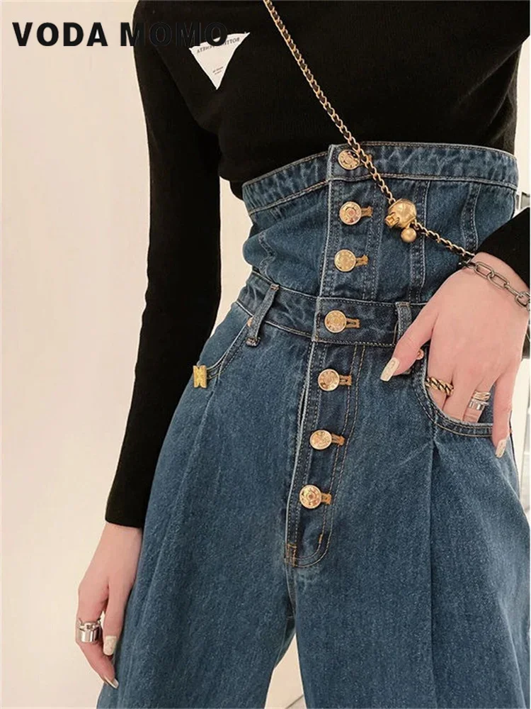 

High Waist Button Up Women's Wide Leg Jeans Baggy Woman Denim Trousers Spring Autumn 2024 Womens Fashion Design Sense Versatile