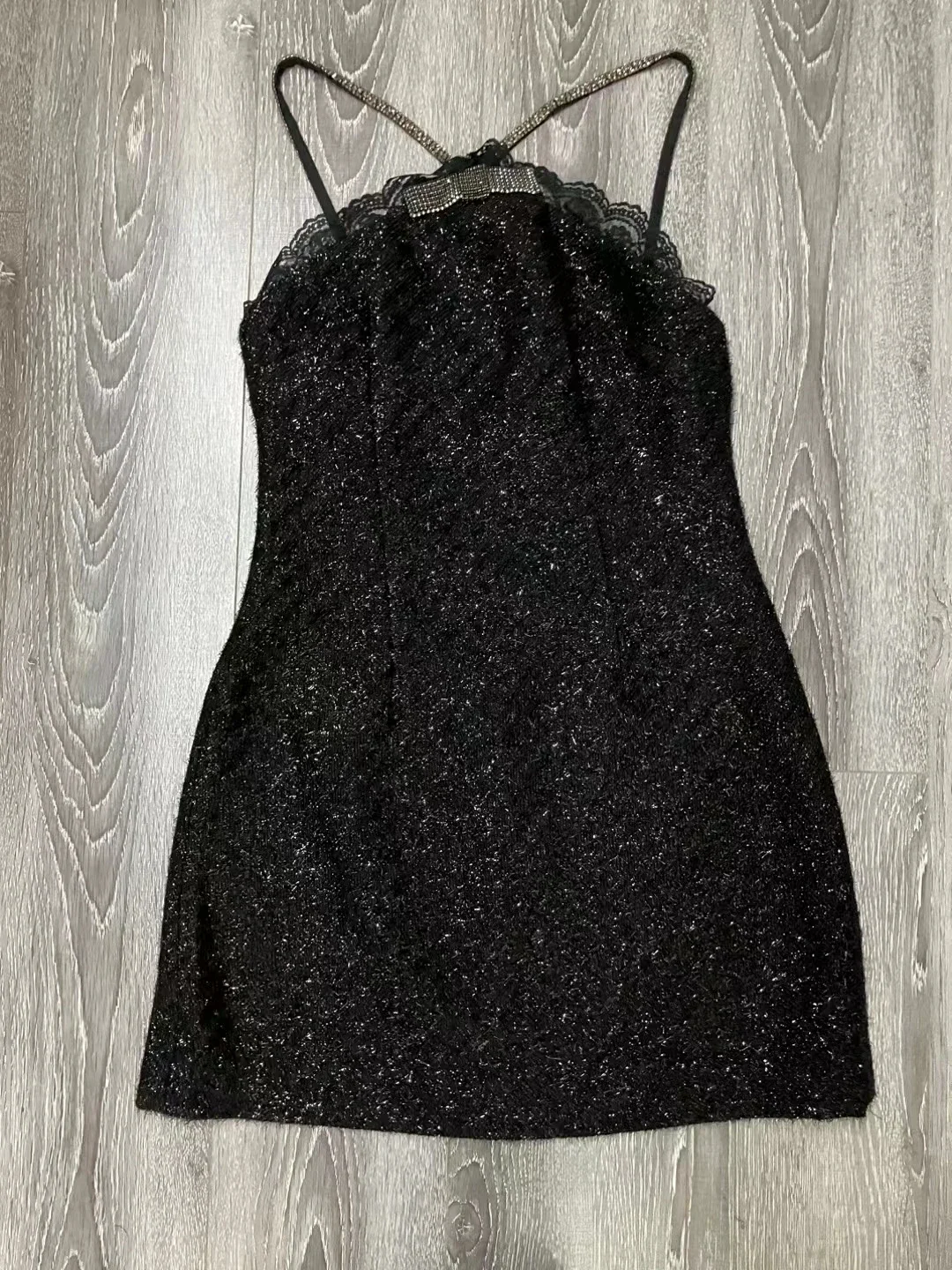 Diamond Decoration Women's Black Dress Halter Neck Sleeveless High Waist Elegant Slim Mini Robe