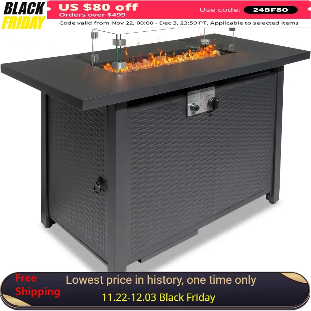 43Inch Fire Pit Table with CSA Certified, Glass Wind Guard, Pits Lid, Auto Ignition, Cover, Rectangle Propane Gas Fire Pit Table