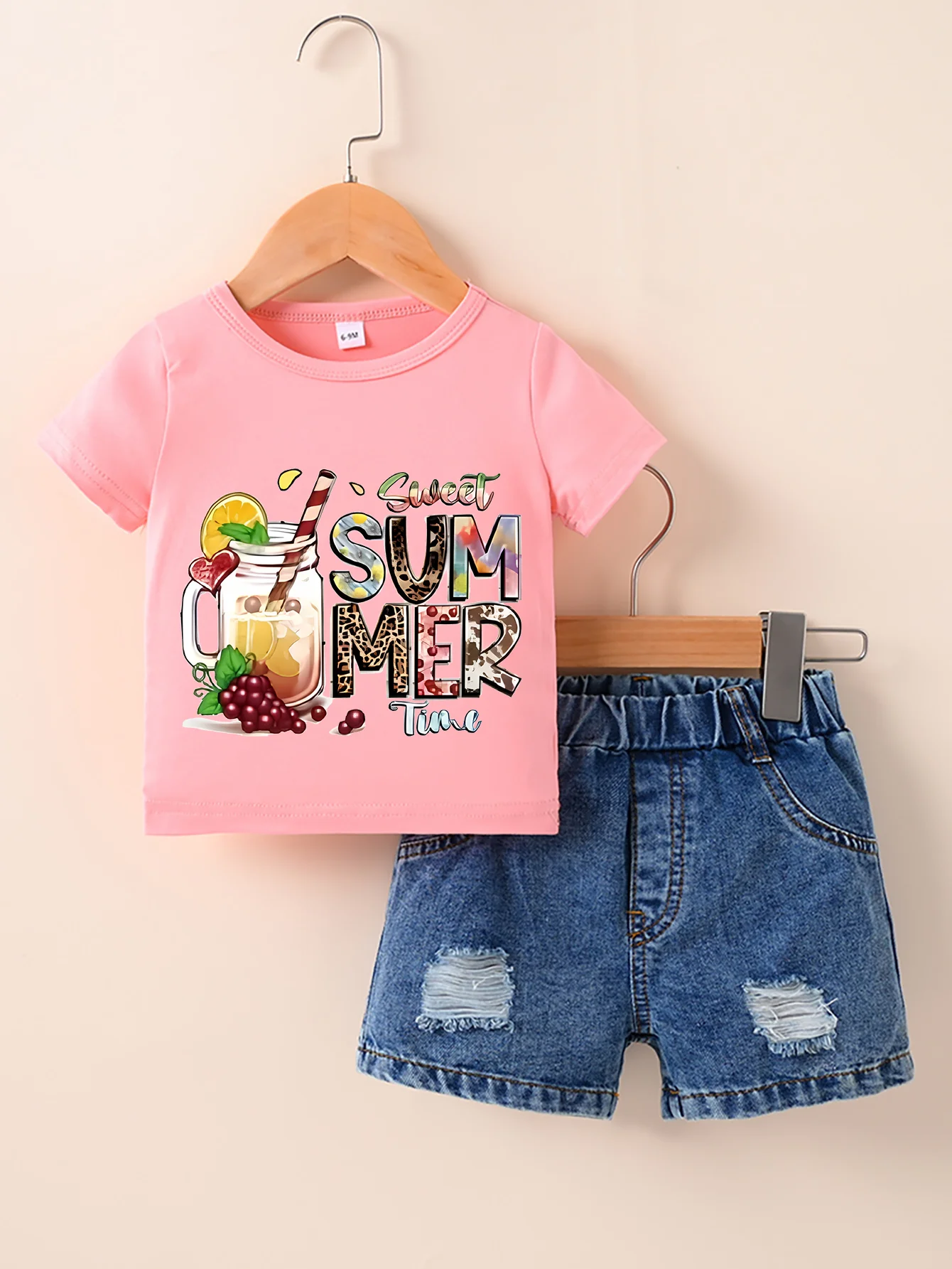 er New Boys and Girls Short sleeved Pink T-shirt Round Neck Pullover+Denim shorts set