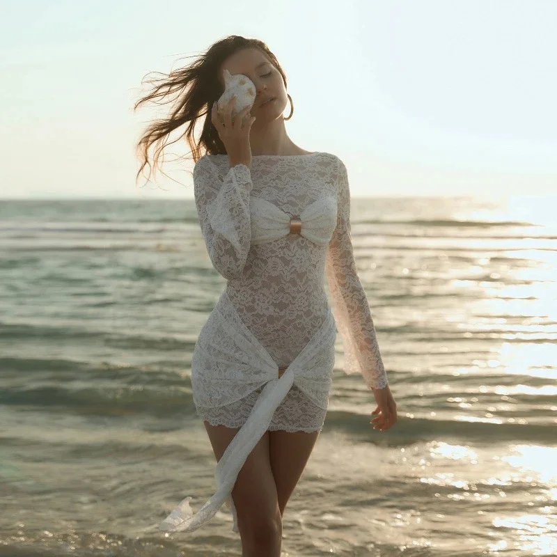 فستان قصير أنيق برقبة دائرية وأكمام طويلة من الدانتيل شفاف للنساء لحفلات الخريف والعطلات على الشاطئ ومظهر مثير للسهرة والتاريخ #4