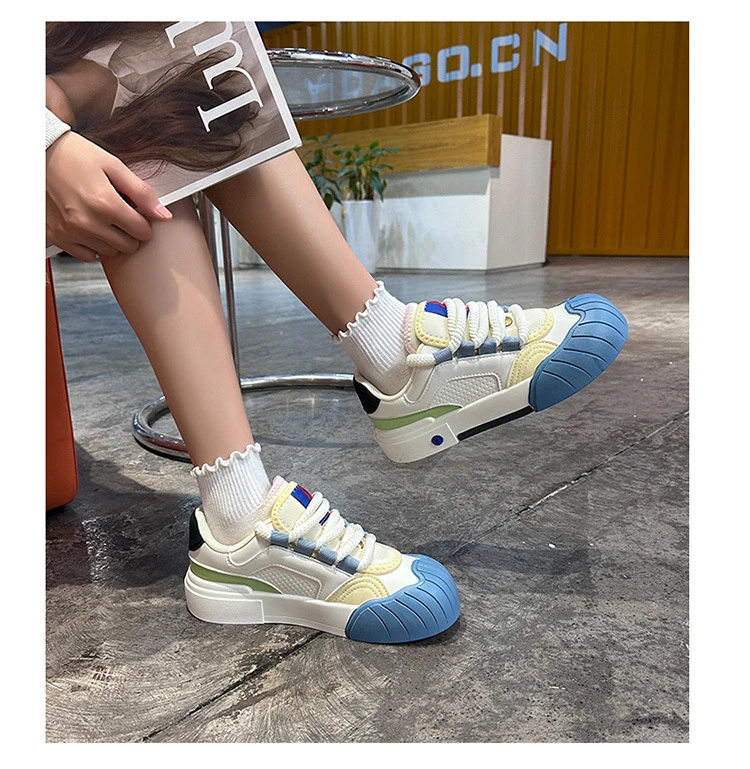 Macaron-Farbblock-Skateschuhe aus Kunstleder für Damen, Wave-Shell-Zehenkappe, Schnürschuhe, Low-Top-Sneaker mit pastellfarbenem Kontrastbesatz – Detail 16