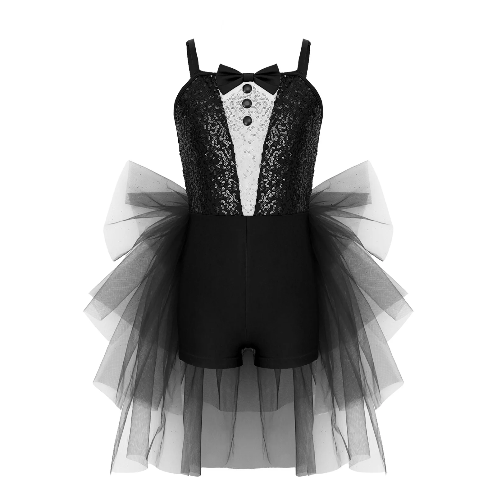 Kids Girls Magician Costume Adjustable Straps Sequin Tiered Tulle Jazz Dance Bodysuit Dress for Halloween Carnival Circus Party