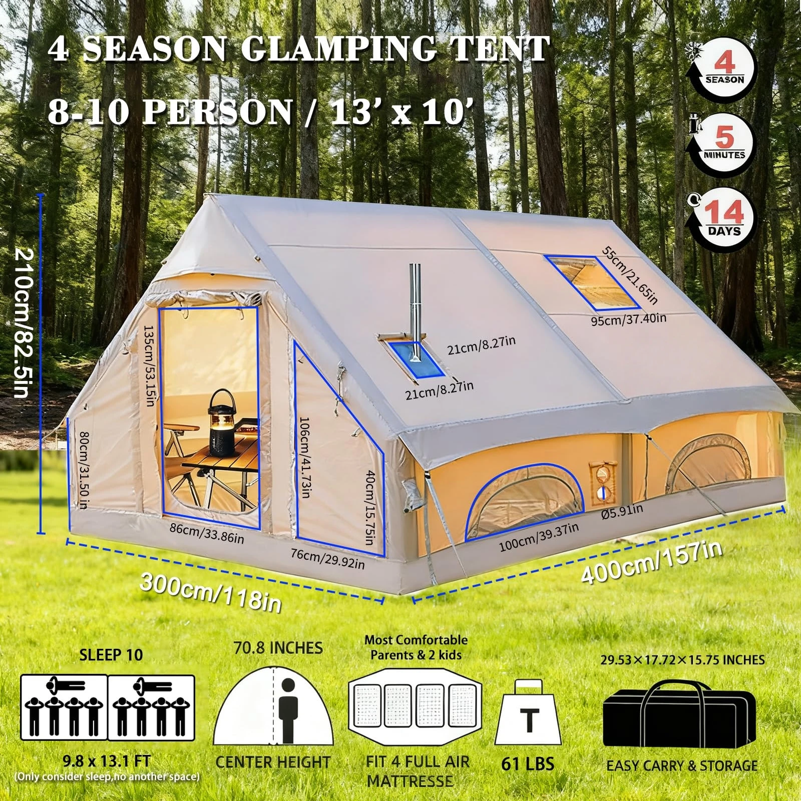 12 Square Meters Luxury Waterproof PVC Inflatable Tent 300x400x200cm 3-Season Quick Automatic Opening Portable Folding Outdoor
