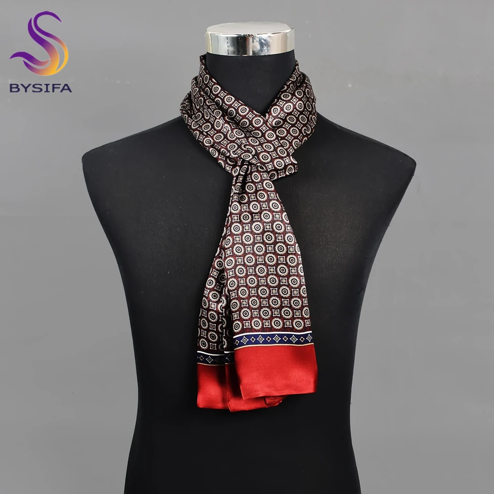 BYSIFA | 100% bufanda de seda para hombre, moda de invierno, diseño circular, bufandas largas, corbatas, bufanda suave de marca, corbata roja, negra, azul, 160*26cm