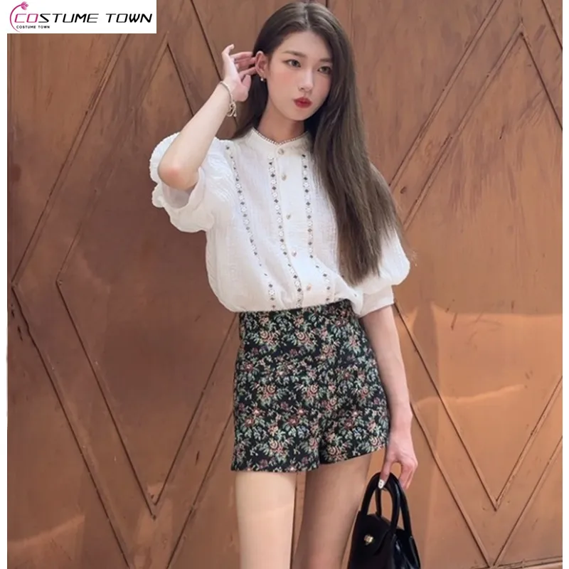 Summer Tea Versatile Internet Celebrity French Kikyu Rich Family Thousand Gold Small Fragrance Shirt Shorts Two Piece Set