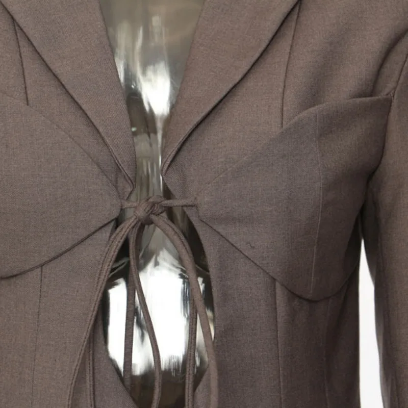 HKSH خريف جديد إمرأة شارع العليا شيك مثير موضة جيب بدوره إلى أسفل طوق الجوف خارج الدانتيل يصل بأكمام طويلة سترة غير رسمية HK7600