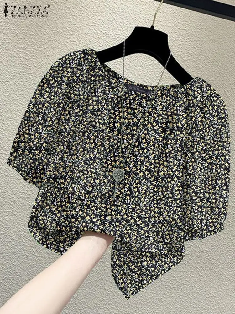 ZANZEA-camisa elegante de manga folhada para mulheres, tops com gola, estampa floral, moda solta, tops casuais de férias, verão, 2024