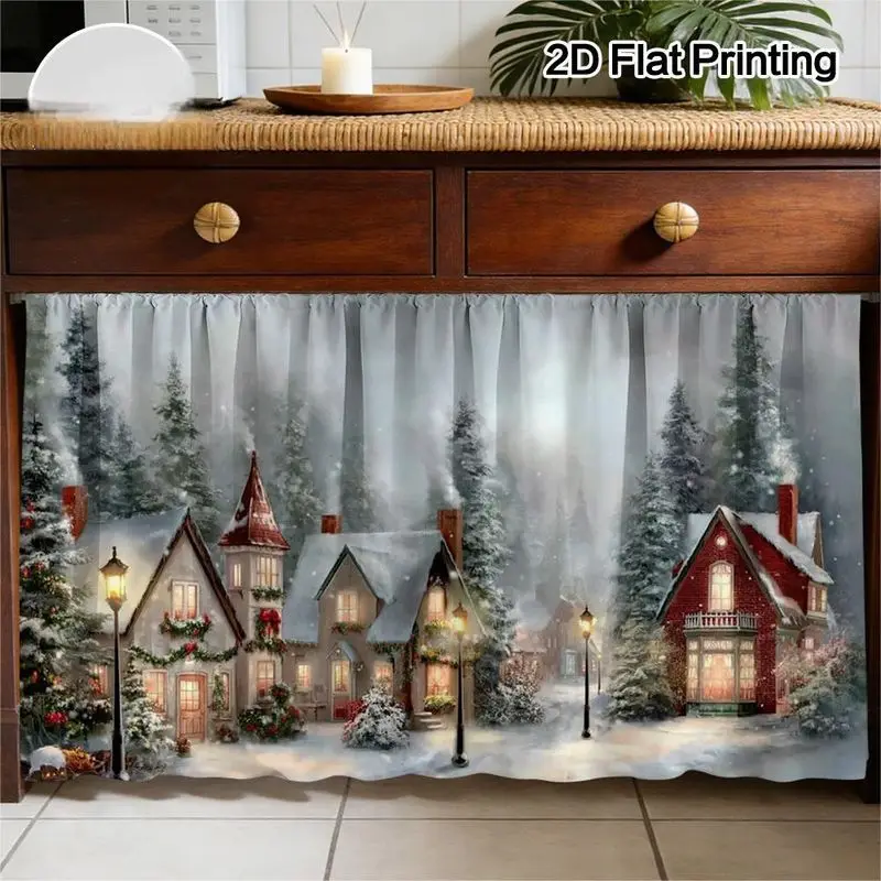 VIKAMA Christmas Cabinet Curtain Snow Village House Pine Tree Print Under Sink Cover For Kitchen Cupboard Shelf Decor