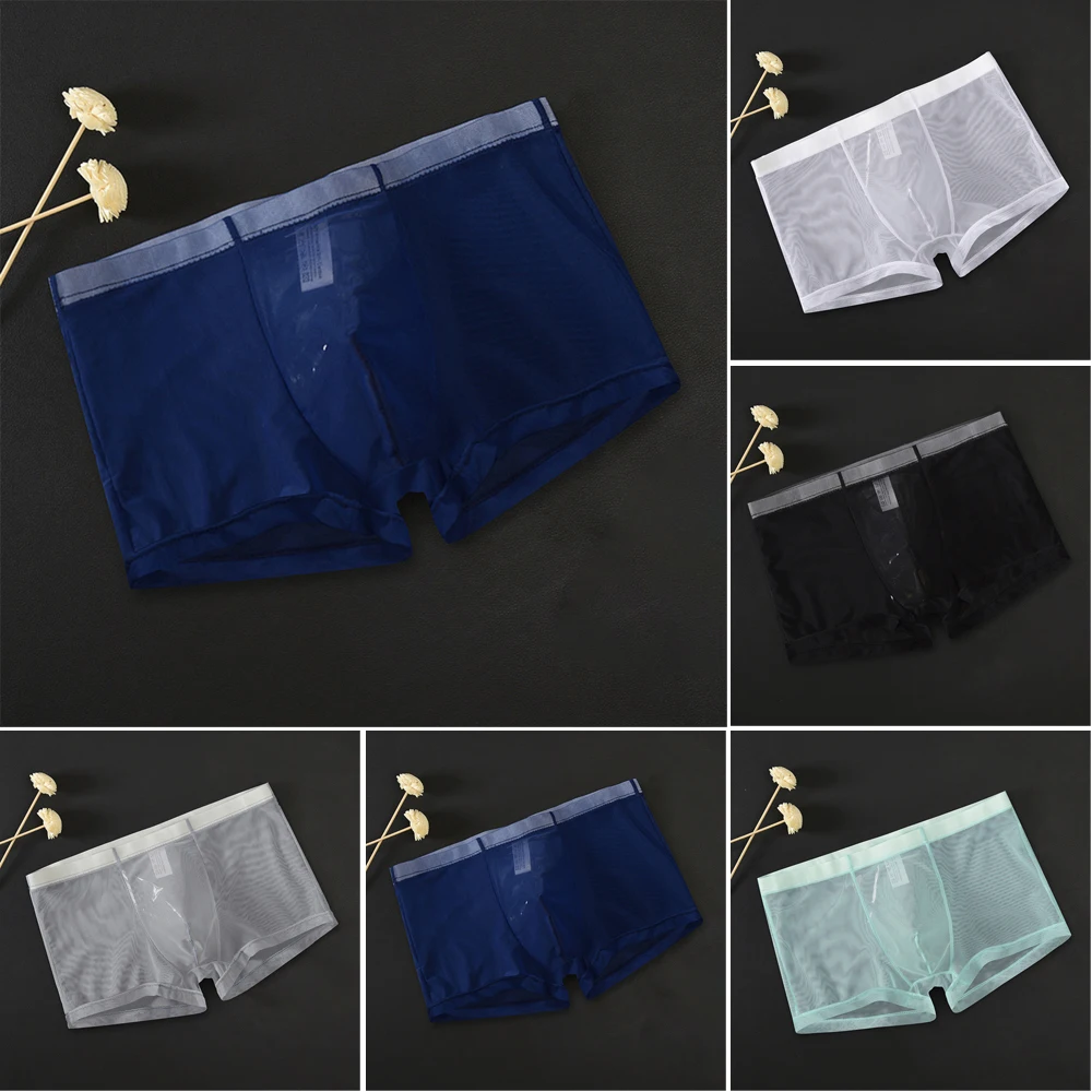 Men\'s Trunks Sexy Mesh Transparent Briefs Ultra Thin U Convex Pouch Underwear Shorts Underpants Slip See-Through Lingerie