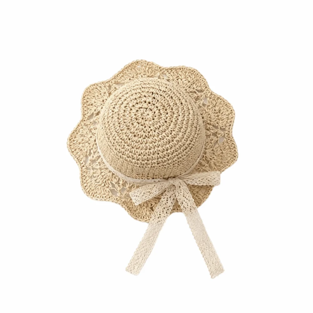 Princess Style Cute Kids Hat Straw Woven Lace Trim Children Straw Cap Collapsible Design Ruffle Detail Beach Hat Children Wear