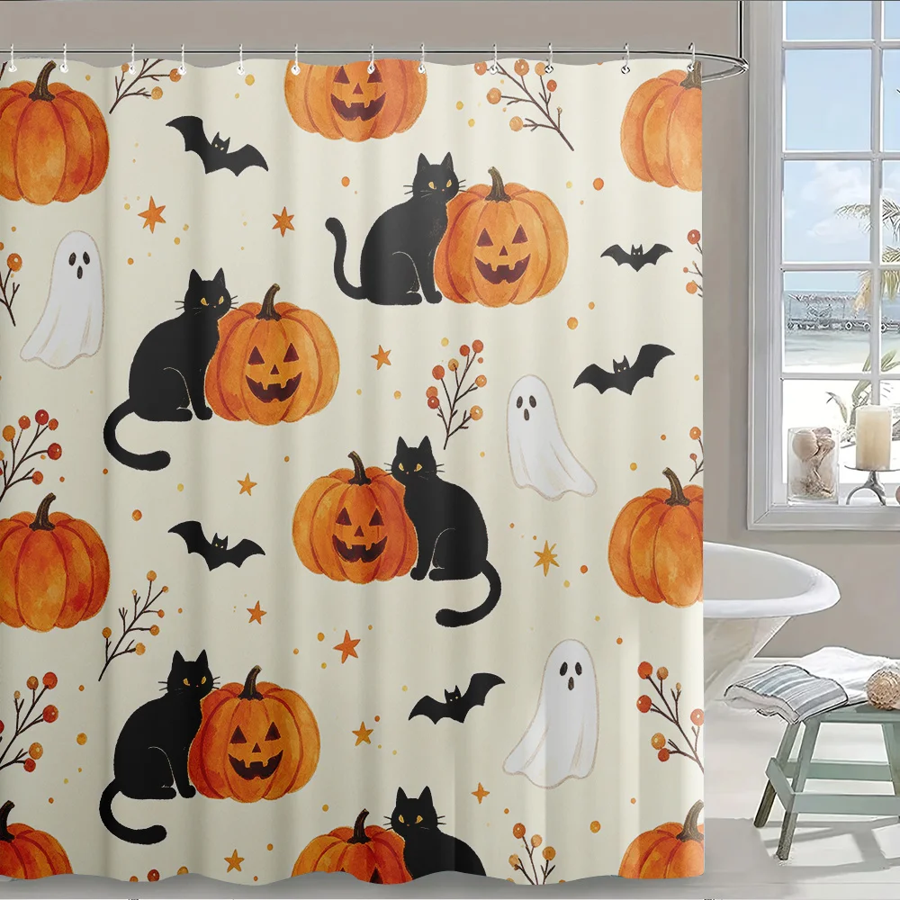 1pc Halloween-themed Shower Curtain Featuring a Pattern of Pumpkins, Black Cats, and Ghosts, Including 12 Hooks. Made from, It I