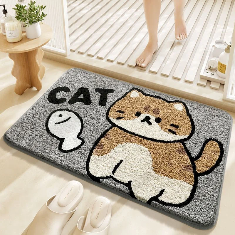 VIKAMA Cute Pet Cat Dog Bath Mat, Cartoon Animal Print Soft Absorbent Non‑Slip Bathroom Rug Entryway Bedroom Home Decor