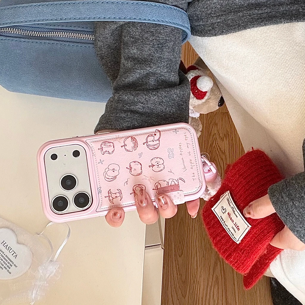 الوردي الجلود الاصطناعية أبل خط الكتابة على الجدران مع الحبل للصدمات واقية غطاء الهاتف آيفون 17 16 15 14 برو ماكس