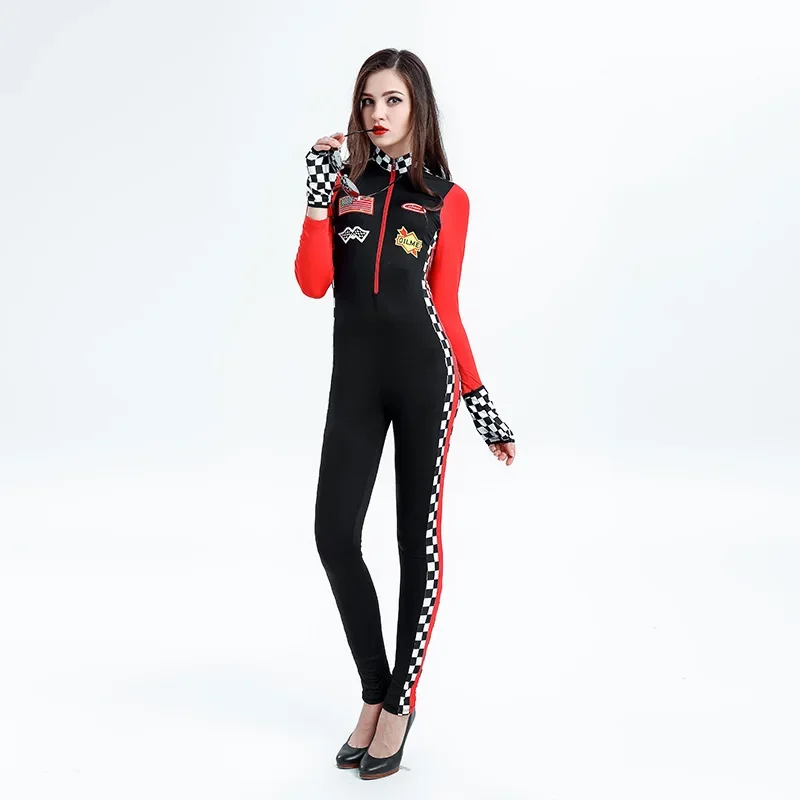 Women Sexy Racer Costume Stretchy Race Car Driver Costume Long Sleeves Racing Girl outfit with Gloves Halloween Cosplay Costume